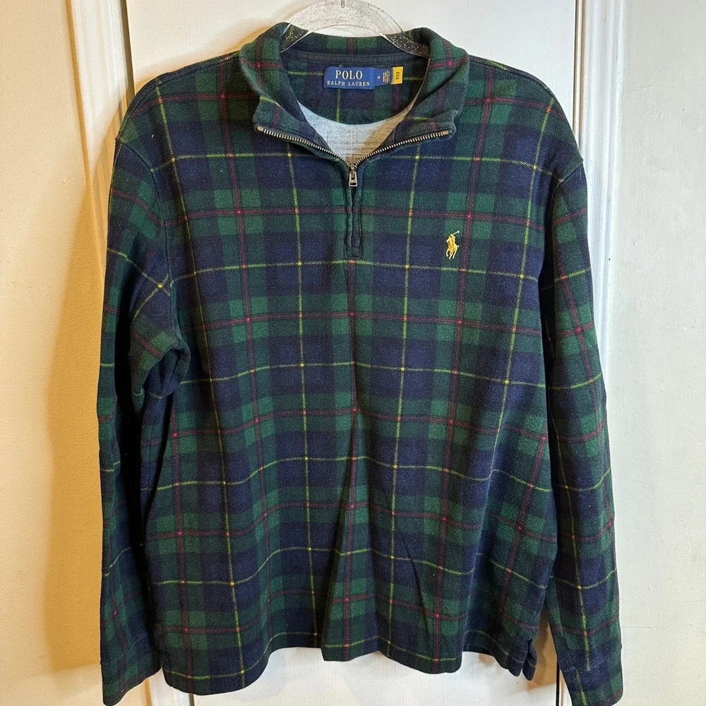 Polo Ralph Lauren Mens Green Navy Plaid Quarter Zip Cotton Pullover Sweater M